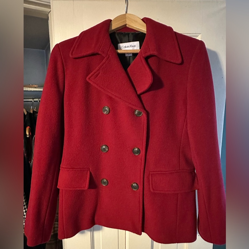 Red wool blend coat by Calvin Klein.